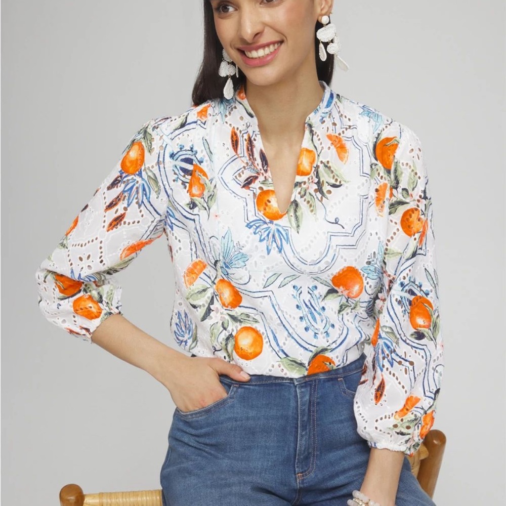 Chicos Tropical Eyelet Sleeve Shirt